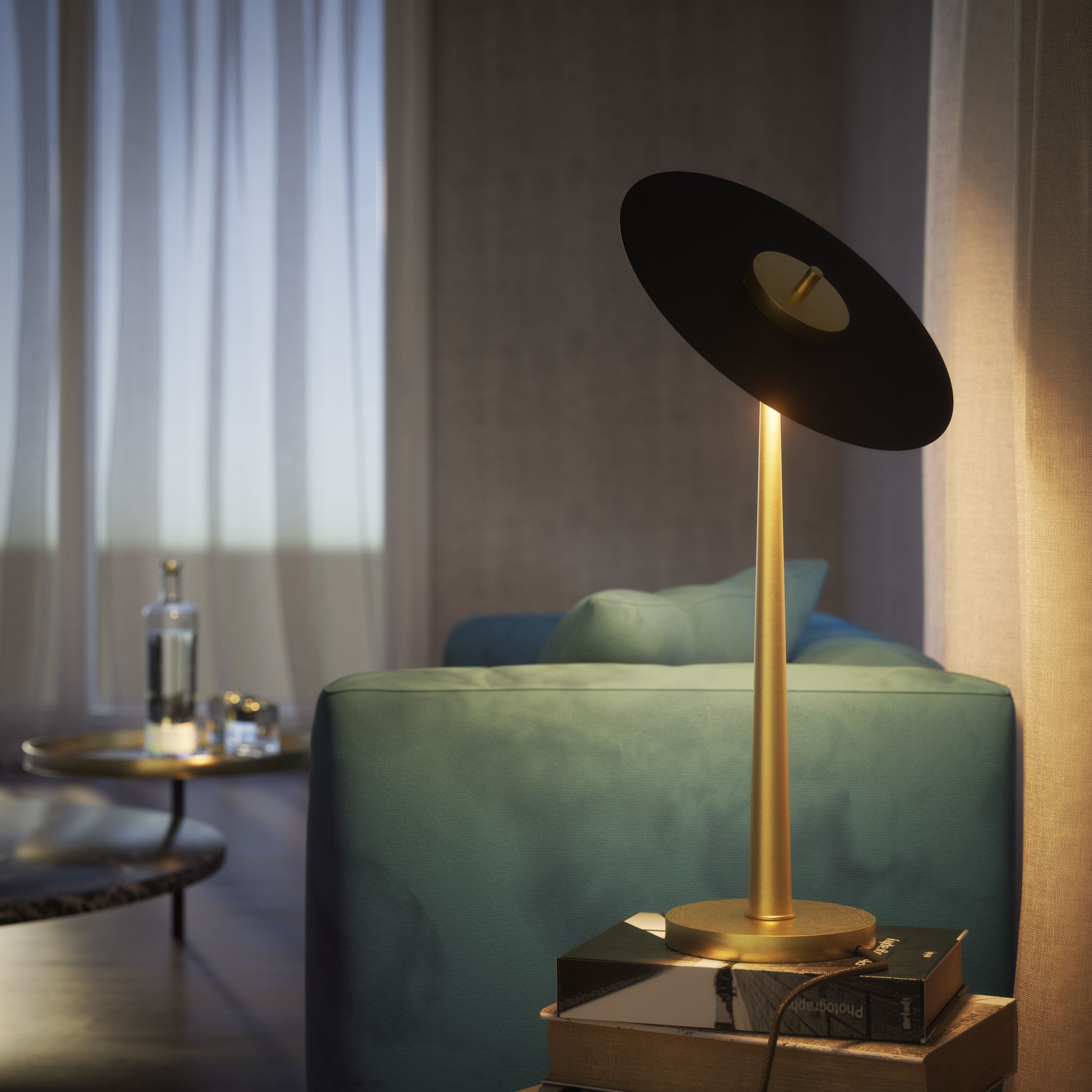 Table lamp with matte black vinyl-inspired shade, brass structure, and integrated LED. Elegant, adjustable, and unique design by Ghidini 1849 - Finish: OBV Bronze Satin Light Brass