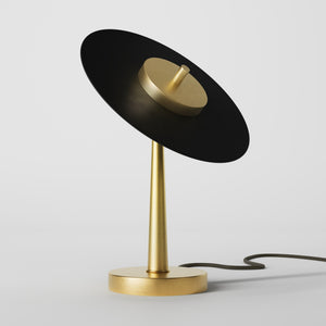 Table lamp in brass with matte black vinyl record-style shade, adjustable joint, integrated LED by Ghidini 1849 - Finish: OBV Bronze Satin Light Brass