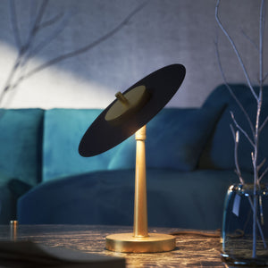 Table lamp in brass with matte black vinyl record-style shade, adjustable joint, integrated LED by Ghidini 1849 - Finish: OBV Bronze Satin Light Brass