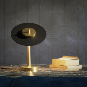 Table lamp in brass with matte black vinyl record-style shade, adjustable joint, integrated LED by Ghidini 1849 - Finish: OBV Bronze Satin Light Brass