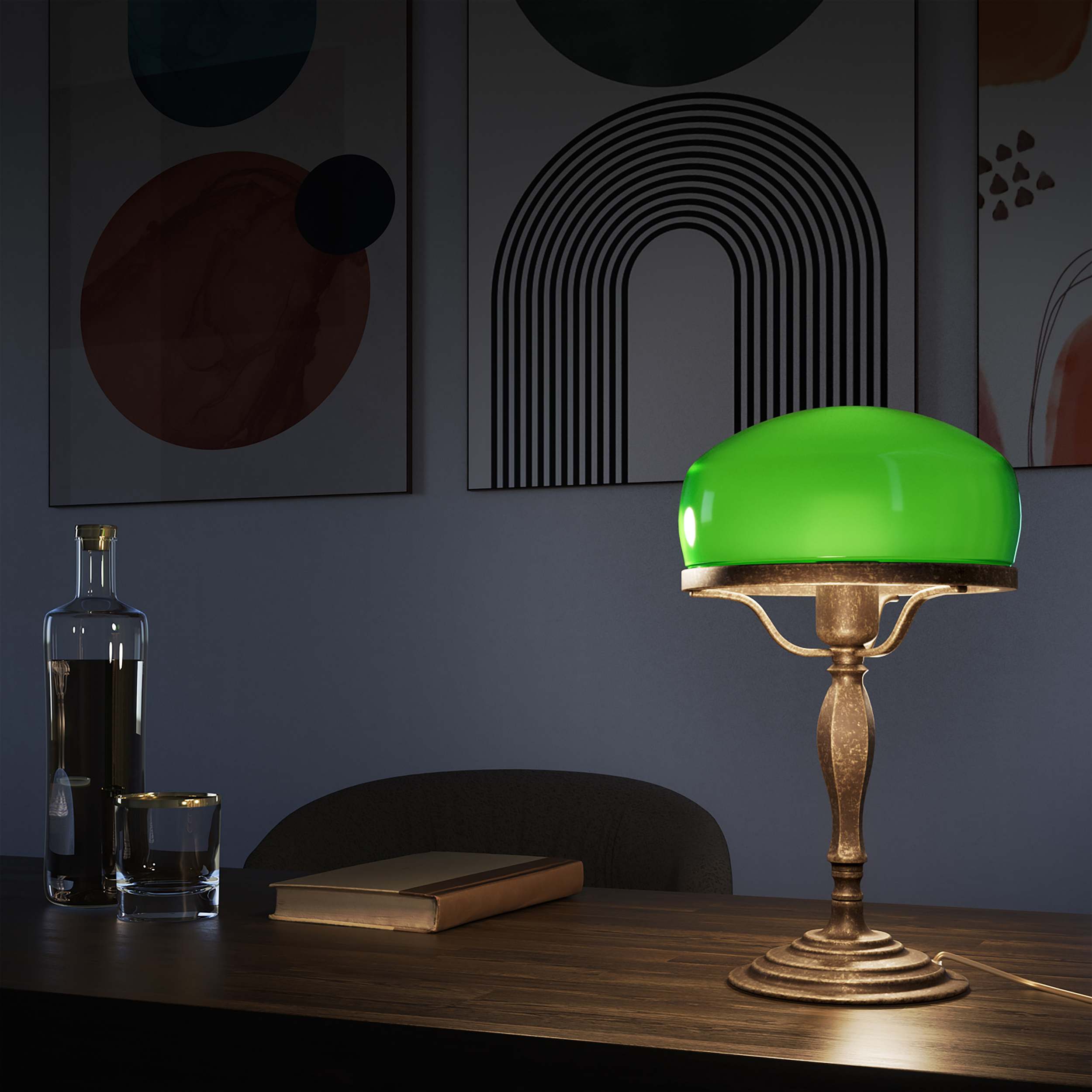 Vintage mushroom lamp in brass with green glass shade, elegant and timeless design by Ghidini 1849 - Finish: OAS Antique Brass