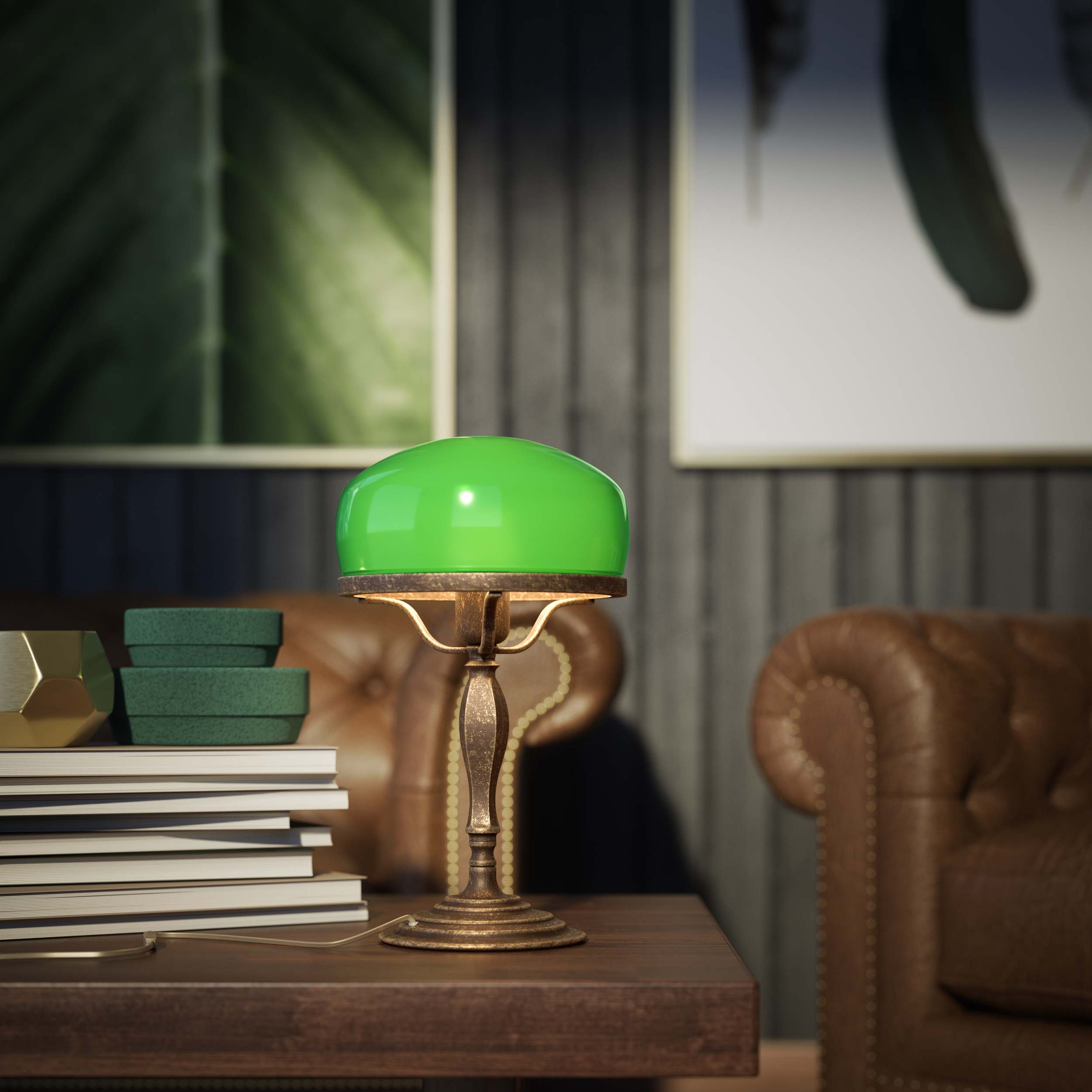 Vintage mushroom lamp in brass with green glass shade, elegant and timeless design by Ghidini 1849 - Finish: OAS Antique Brass