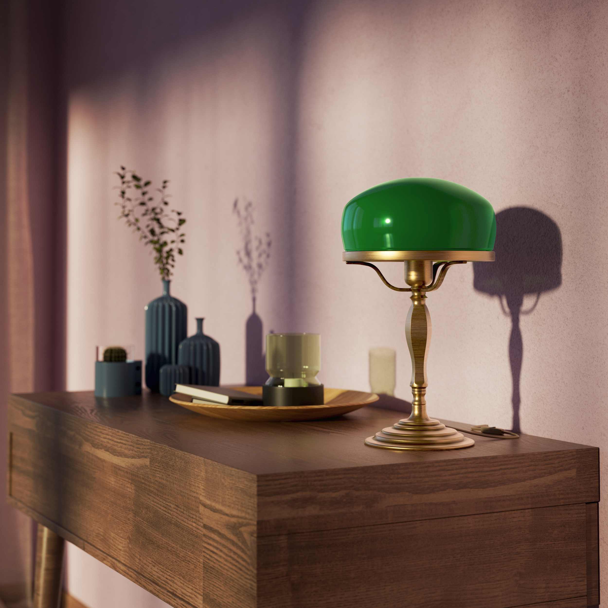 Vintage mushroom lamp in brass with green glass shade, elegant and timeless design by Ghidini 1849 - Finish: OBS Bronze Satin Brass