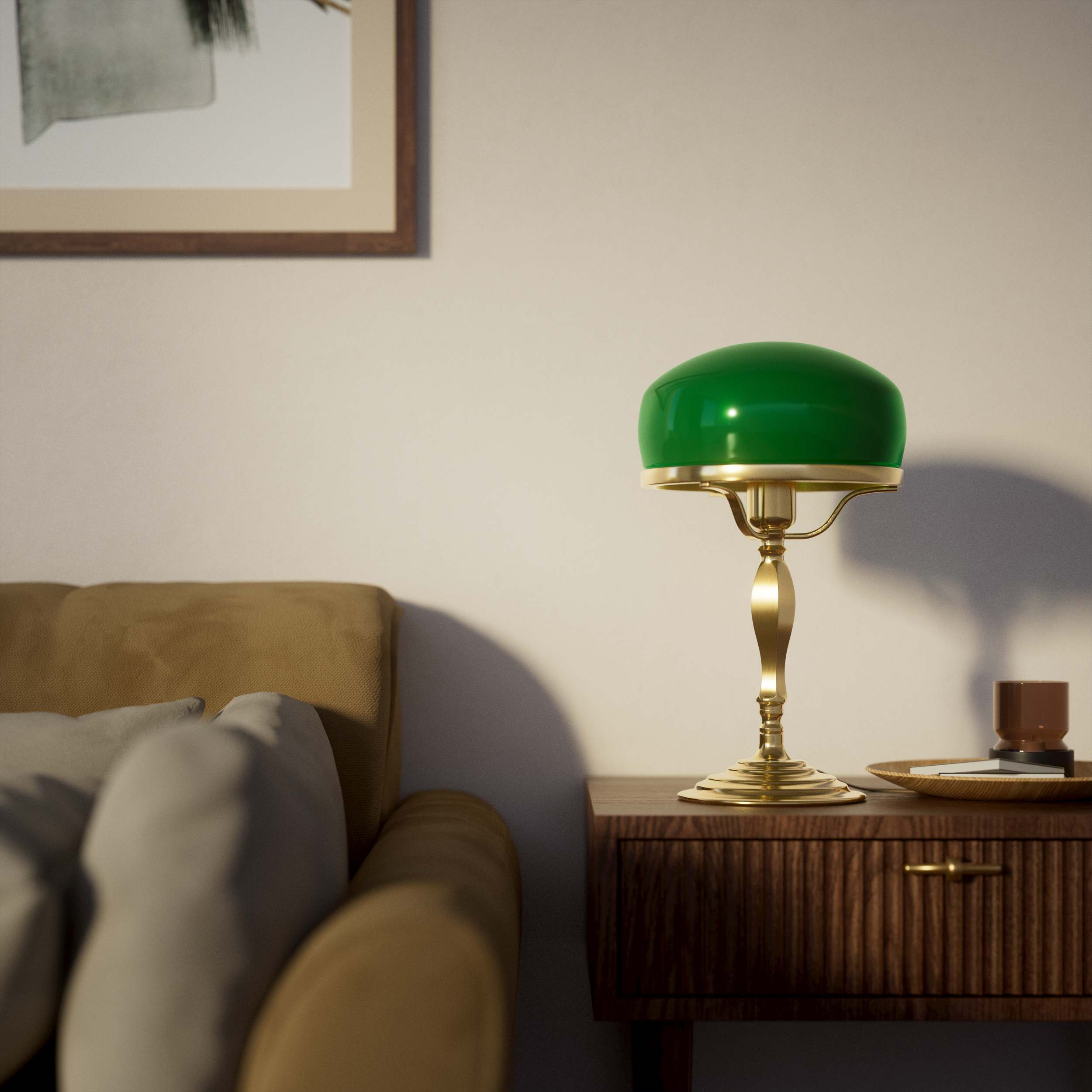 Vintage mushroom lamp in brass with green glass shade, elegant and timeless design by Ghidini 1849 - Finish: OLV Polished Brass