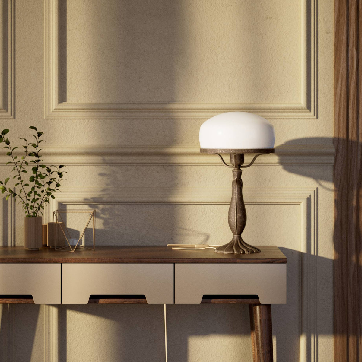 Art Deco table lamp with glossy white mushroom glass shade, sculpted brass base with undulating motifs, Italian design by Ghidini 1849 - Finish: OAS Antique Brass