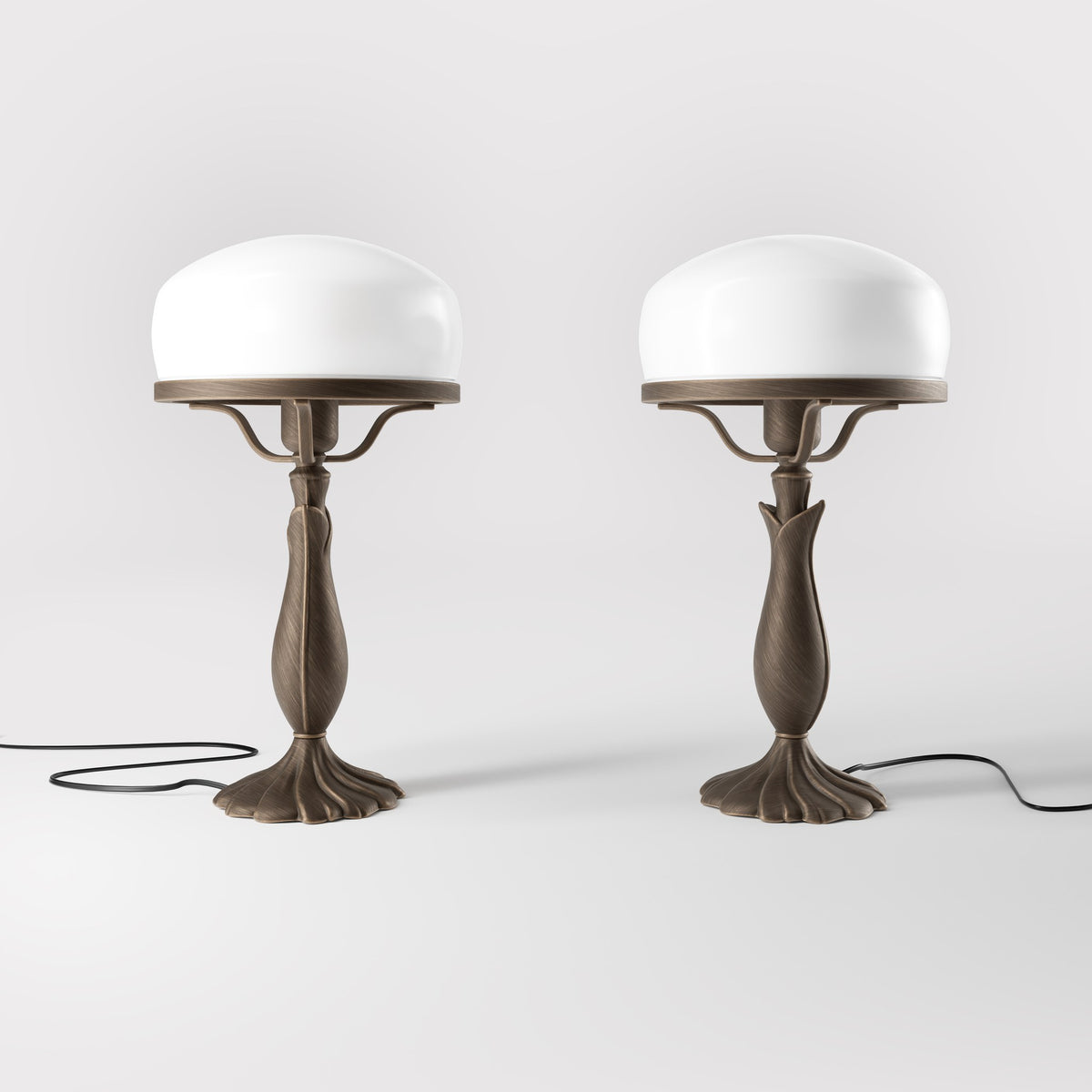 Art Deco table lamp with glossy white mushroom glass shade, sculpted brass base with undulating motifs, Italian design by Ghidini 1849 - Finish: OBM Bronze Satin Matt Brass