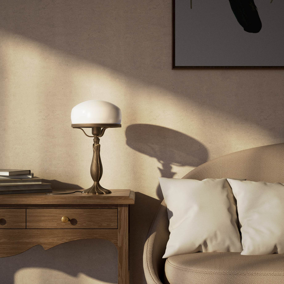 Art Deco table lamp with glossy white mushroom glass shade, sculpted brass base with undulating motifs, Italian design by Ghidini 1849 - Finish: OBM Bronze Satin Matt Brass