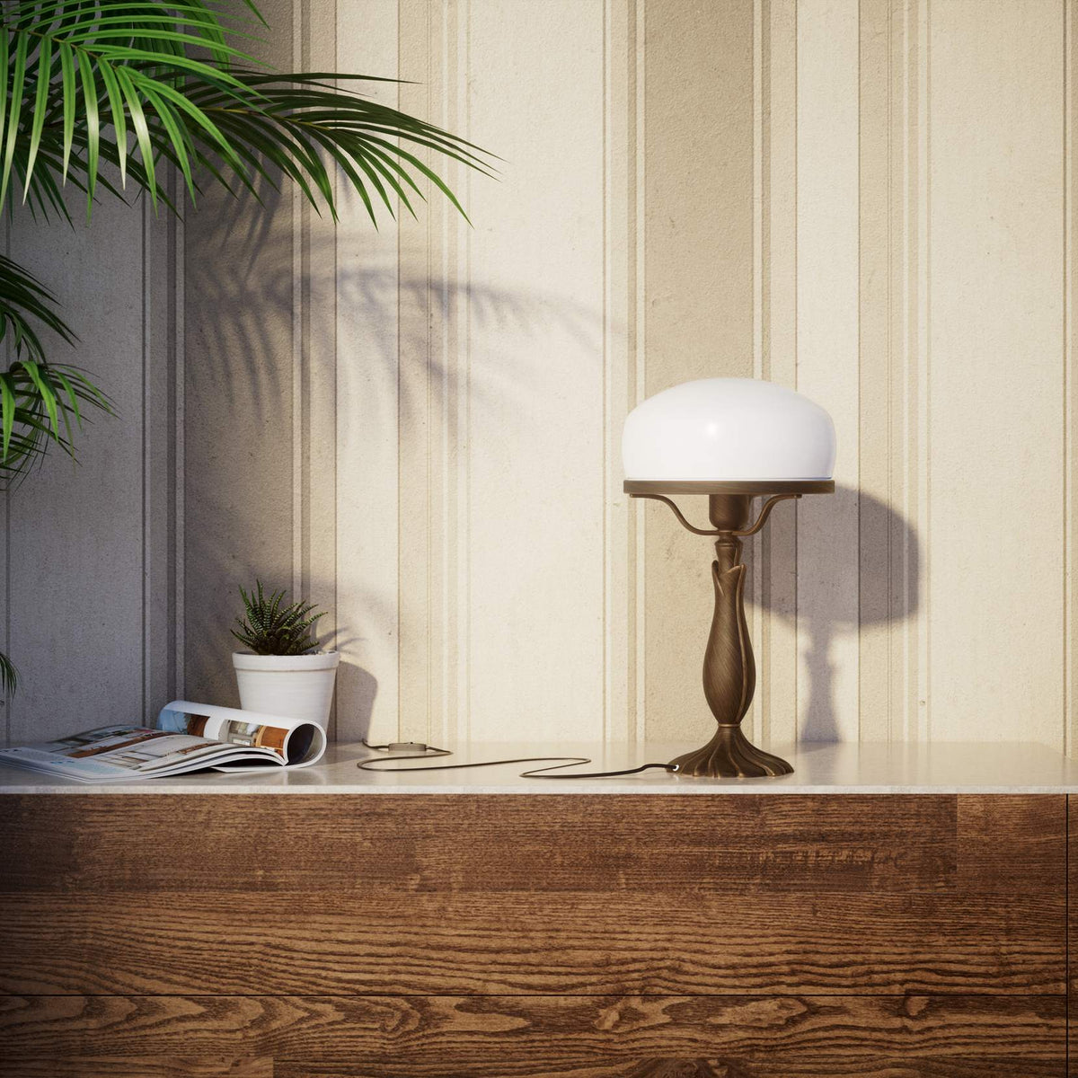 Art Deco table lamp with glossy white mushroom glass shade, sculpted brass base with undulating motifs, Italian design by Ghidini 1849 - Finish: OBM Bronze Satin Matt Brass