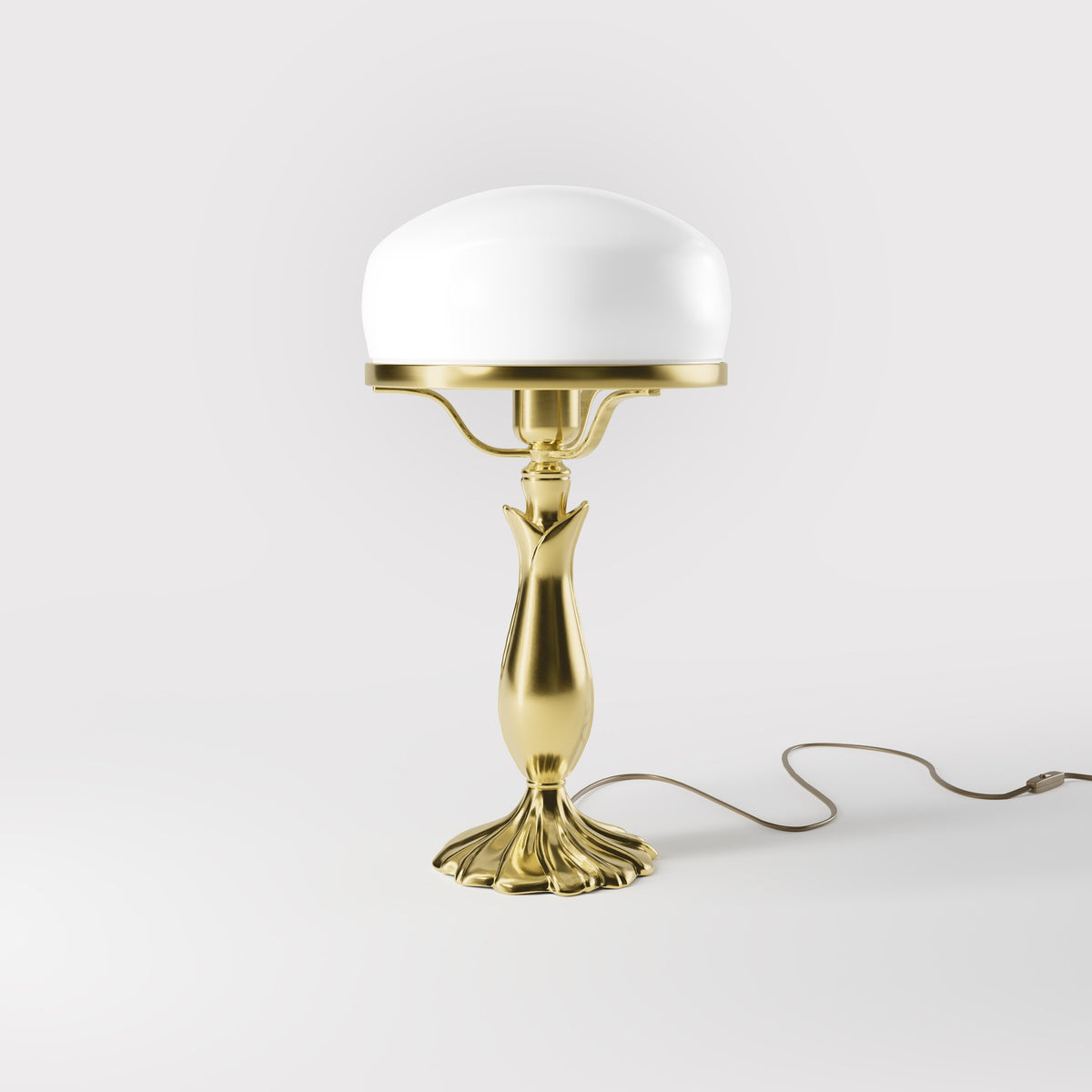 Art Deco table lamp with glossy white mushroom glass shade, sculpted brass base with undulating motifs, Italian design by Ghidini 1849 - Finish: OLV Polished Brass