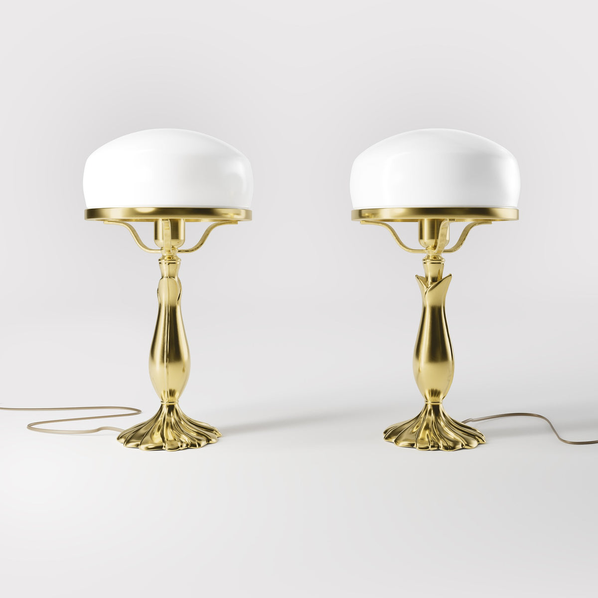 Art Deco table lamp with glossy white mushroom glass shade, sculpted brass base with undulating motifs, Italian design by Ghidini 1849 - Finish: OLV Polished Brass