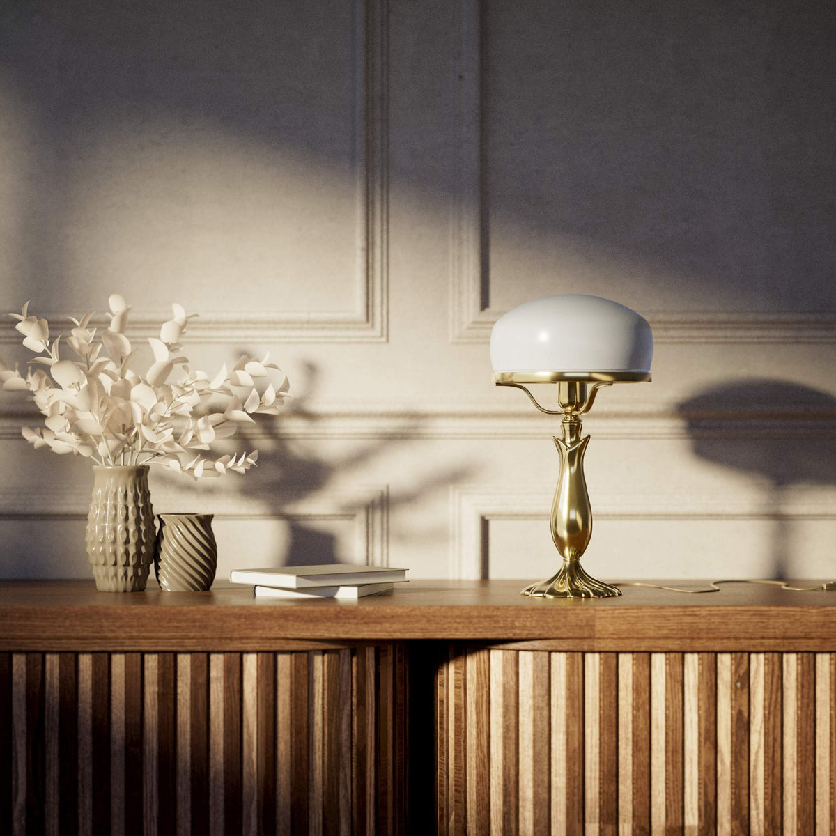 Art Deco table lamp with glossy white mushroom glass shade, sculpted brass base with undulating motifs, Italian design by Ghidini 1849 - Finish: OLV Polished Brass