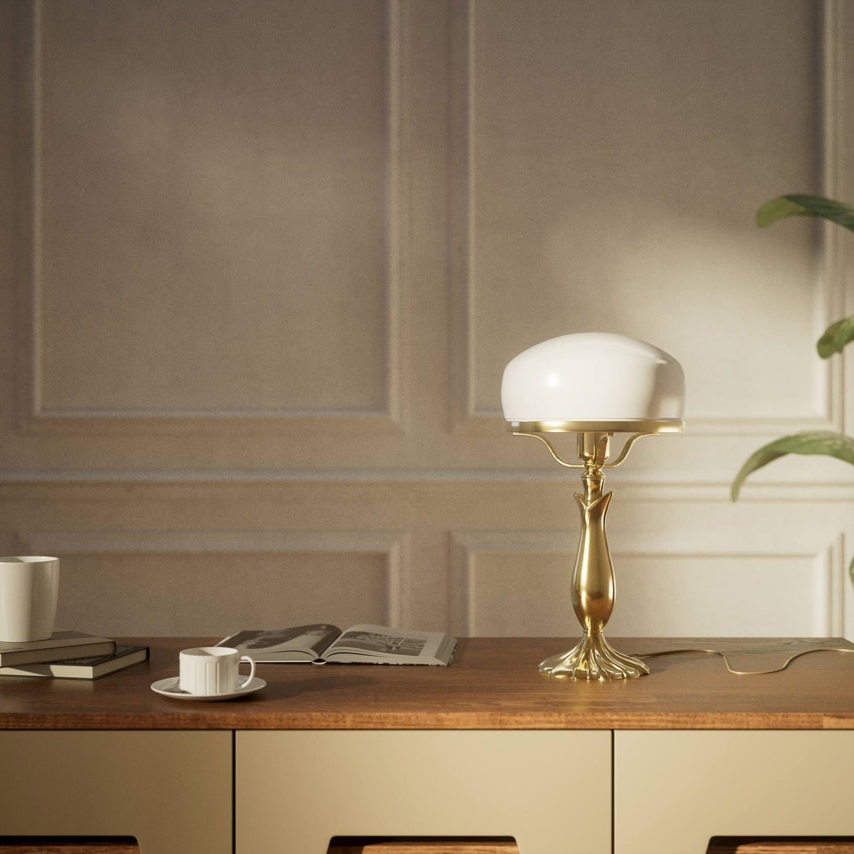 Art Deco table lamp with glossy white mushroom glass shade, sculpted brass base with undulating motifs, Italian design by Ghidini 1849 - Finish: OLV Polished Brass