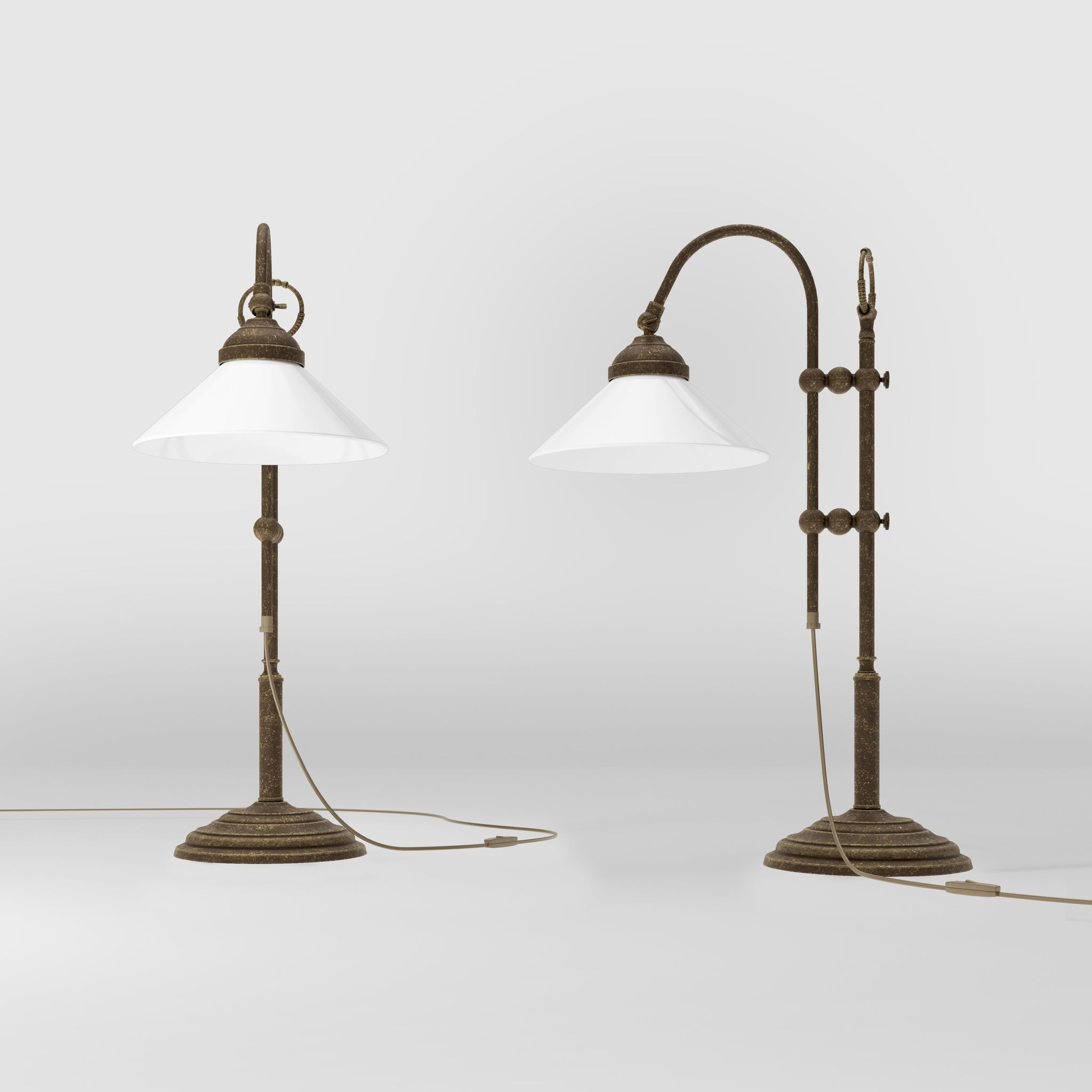 Table lamp with brass sliding arm and adjustable glossy white glass shade vintage style Made in Italy design by Ghidini 1849 - Finish: OAS Antique Brass