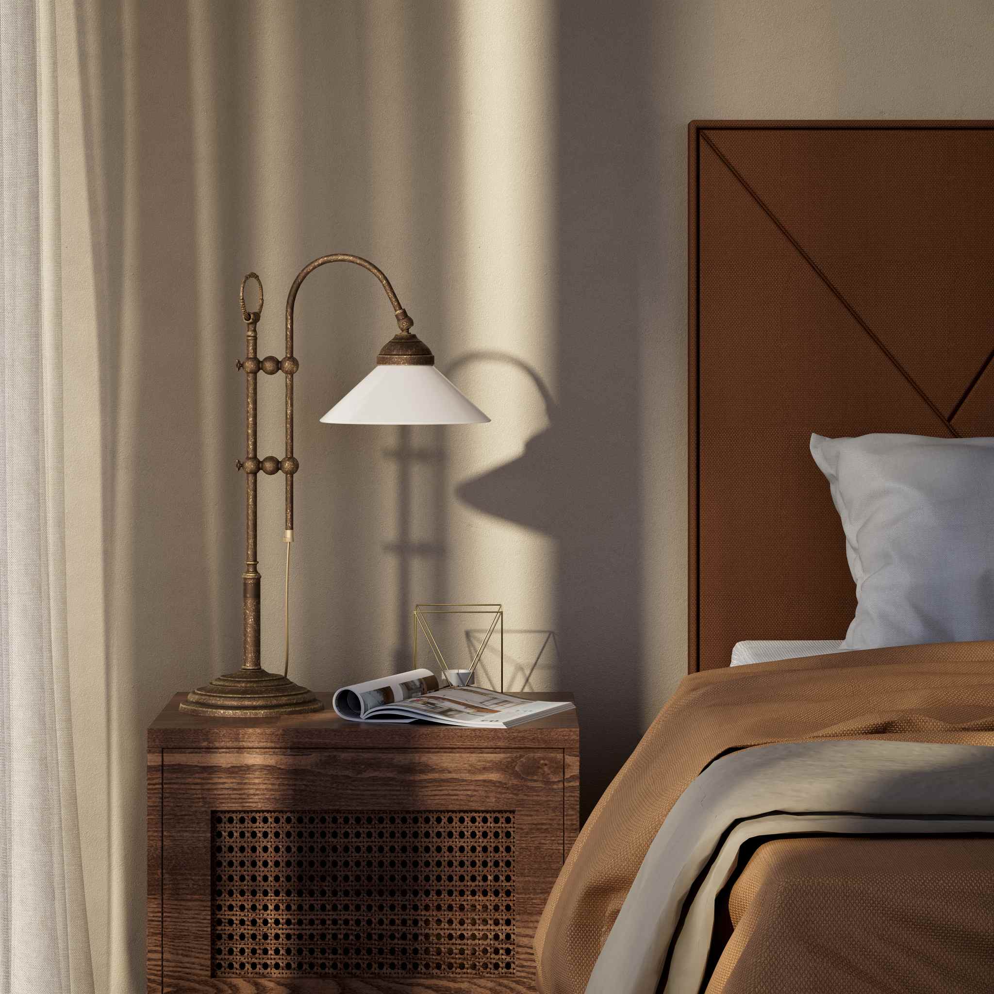 Table lamp with brass sliding arm and adjustable glossy white glass shade vintage style Made in Italy design by Ghidini 1849 - Finish: OAS Antique Brass