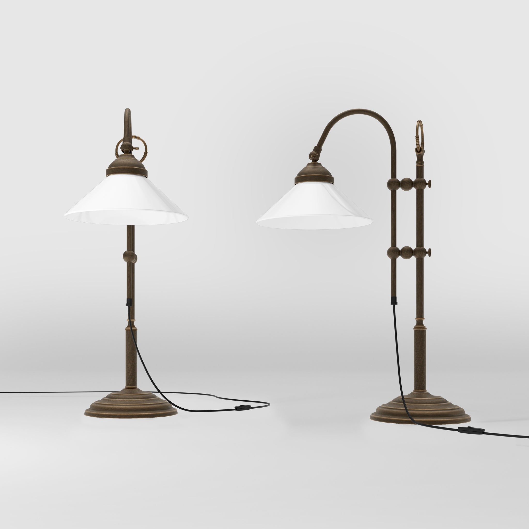 Table lamp with brass sliding arm and adjustable glossy white glass shade vintage style Made in Italy design by Ghidini 1849 - Finish: OBM Bronze Satin Matt Brass