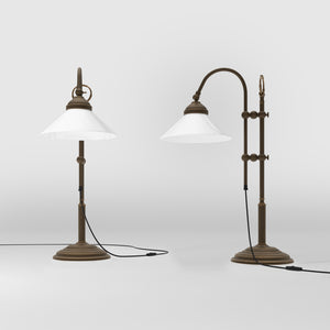 Table lamp with brass sliding arm and adjustable glossy white glass shade vintage style Made in Italy design by Ghidini 1849 - Finish: OBM Bronze Satin Matt Brass