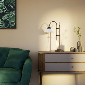 Table lamp with brass sliding arm and adjustable glossy white glass shade vintage style Made in Italy design by Ghidini 1849 - Finish: OBM Bronze Satin Matt Brass