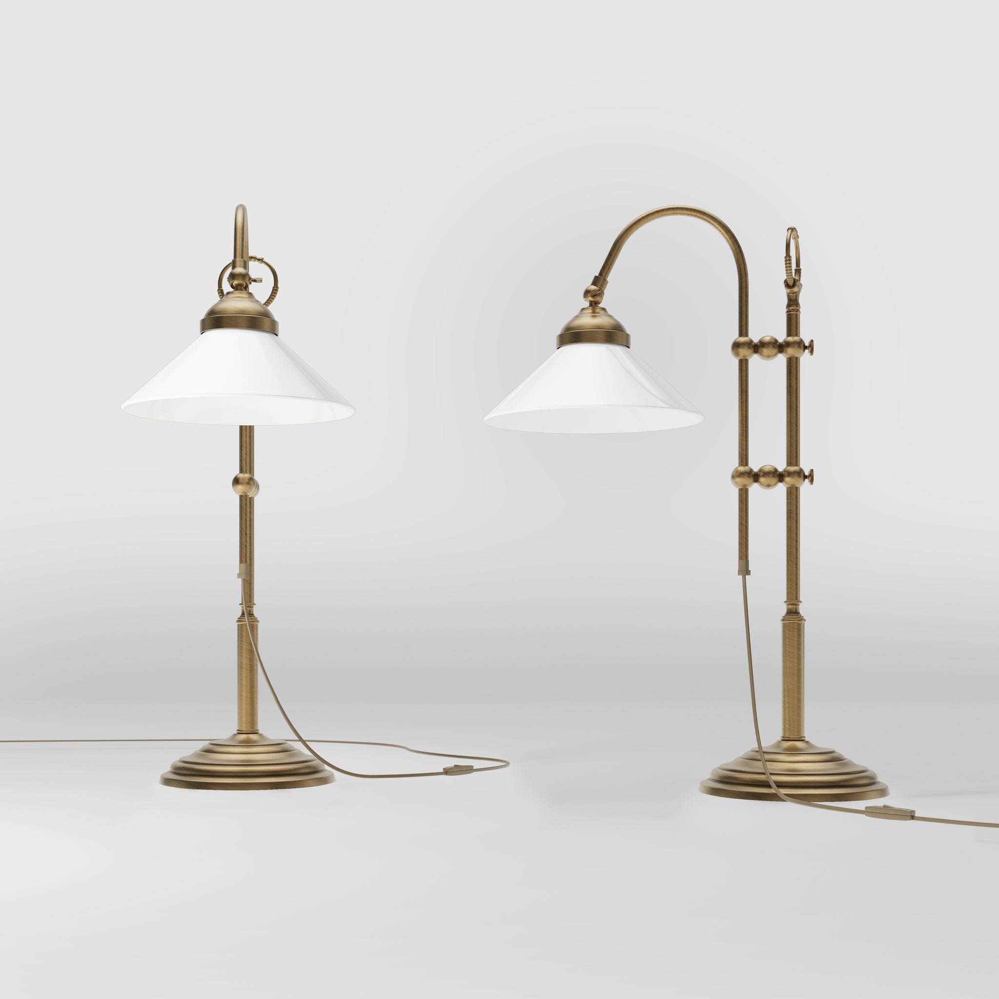 Table lamp with brass sliding arm and adjustable glossy white glass shade vintage style Made in Italy design by Ghidini 1849 - Finish: OBS Bronze Satin Brass