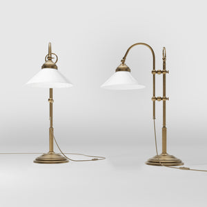 Table lamp with brass sliding arm and adjustable glossy white glass shade vintage style Made in Italy design by Ghidini 1849 - Finish: OBS Bronze Satin Brass