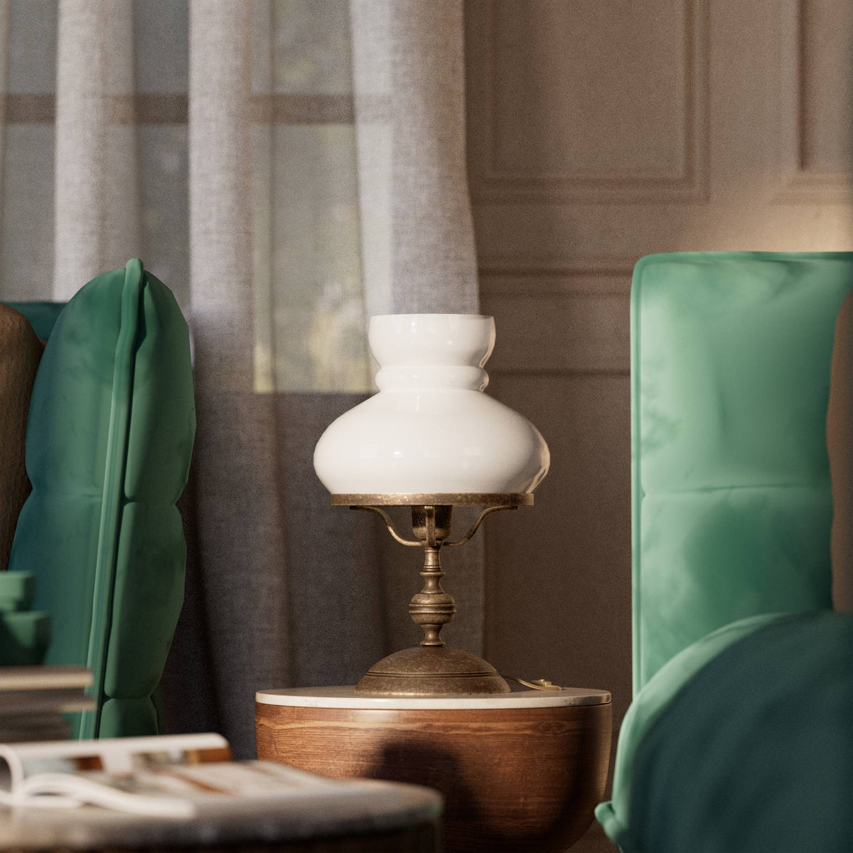 Nautical-style table lamp in brass with glass shade in white, green, or amber, inspired by maritime lanterns by Ghidini 1849 - Glass/Finish: White / OAS Antique Brass