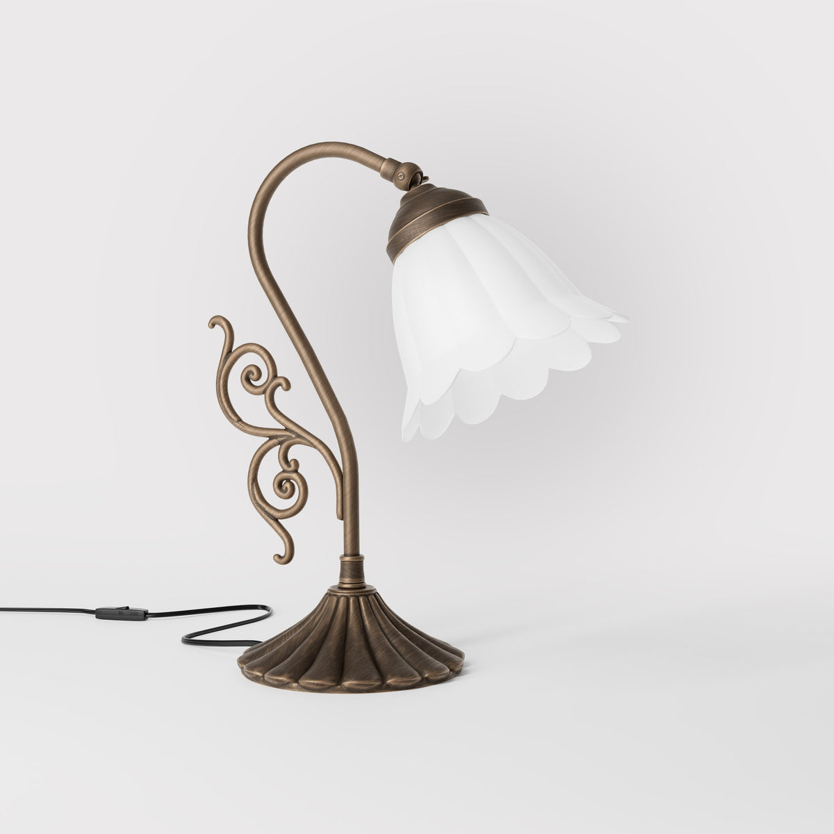 Art Deco table lamp with glossy white mushroom glass shade, sculpted brass base with undulating motifs, Italian design by Ghidini 1849 - Finish: OBM Bronze Satin Matt Brass