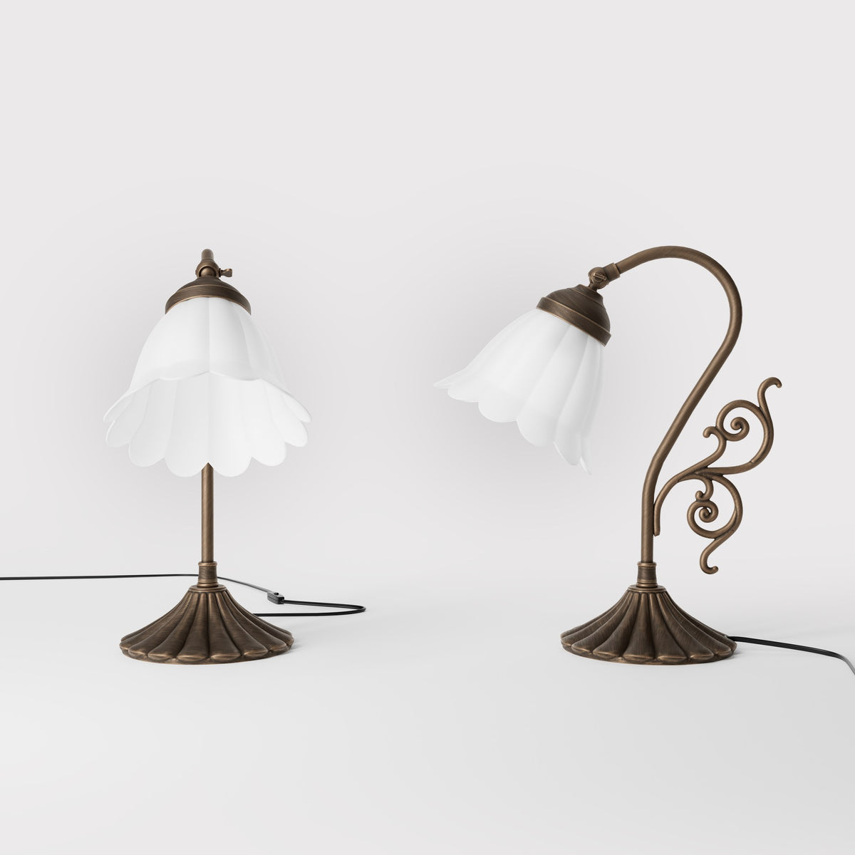 Art Deco table lamp with glossy white mushroom glass shade, sculpted brass base with undulating motifs, Italian design by Ghidini 1849 - Finish: OBM Bronze Satin Matt Brass