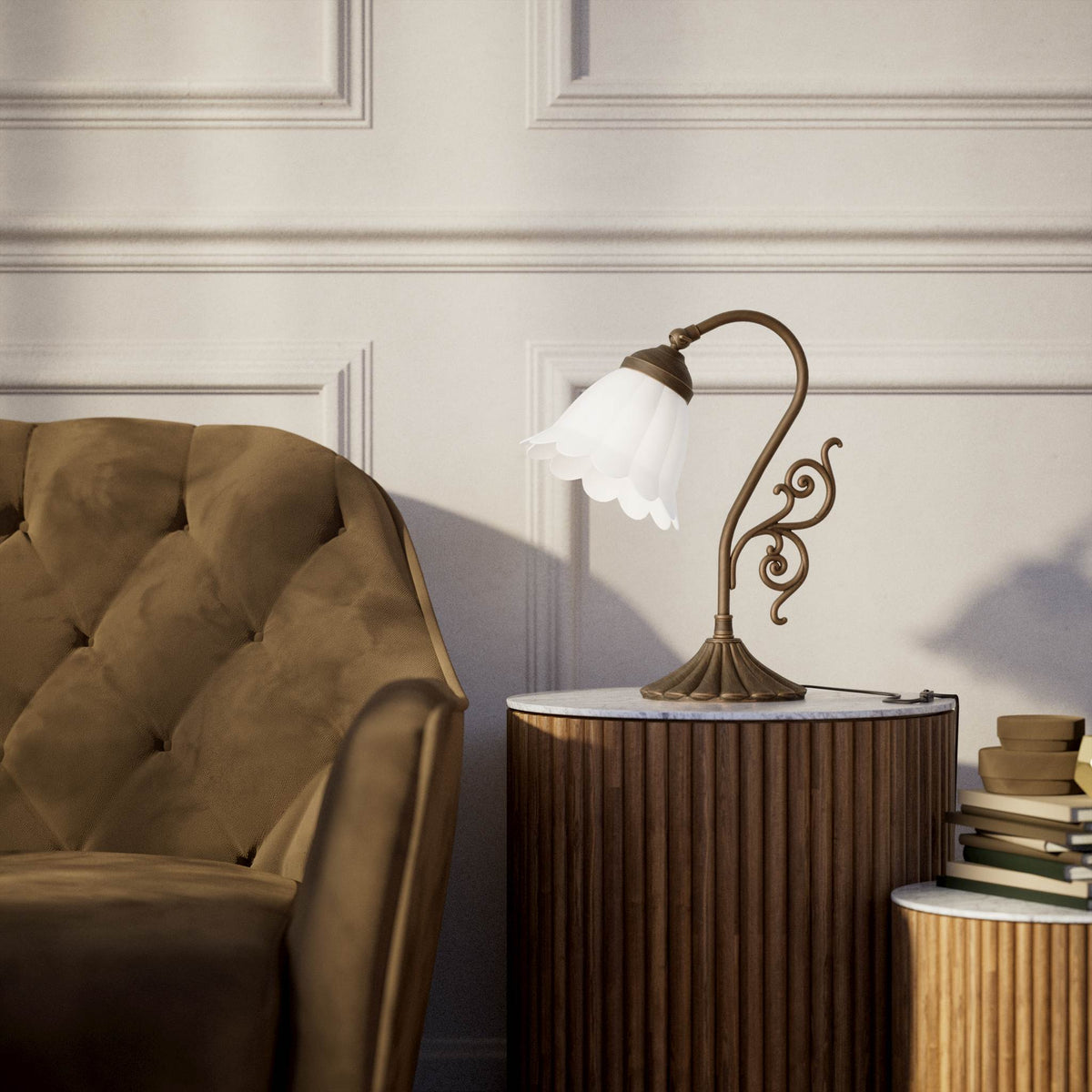 Art Deco table lamp with glossy white mushroom glass shade, sculpted brass base with undulating motifs, Italian design by Ghidini 1849 - Finish: OBM Bronze Satin Matt Brass