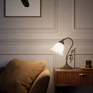 Art Deco table lamp with glossy white mushroom glass shade, sculpted brass base with undulating motifs, Italian design by Ghidini 1849 - Finish: OBM Bronze Satin Matt Brass