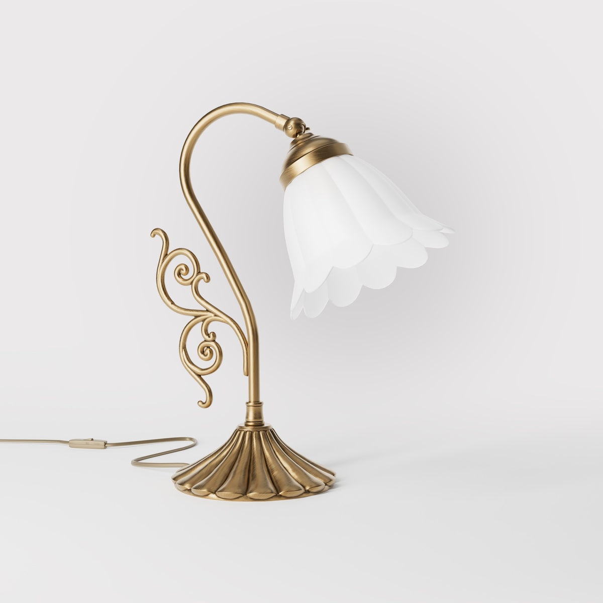Art Deco table lamp with glossy white mushroom glass shade, sculpted brass base with undulating motifs, Italian design by Ghidini 1849 - Finish: OBS Bronze Satin Brass