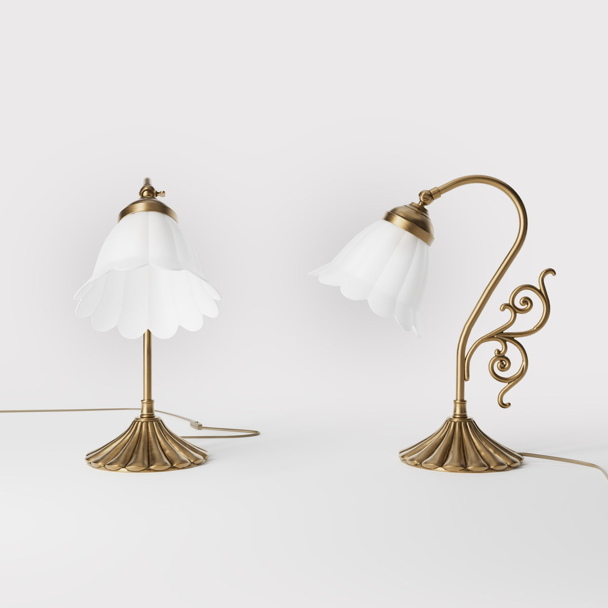 Art Deco table lamp with glossy white mushroom glass shade, sculpted brass base with undulating motifs, Italian design by Ghidini 1849 - Finish: OBS Bronze Satin Brass