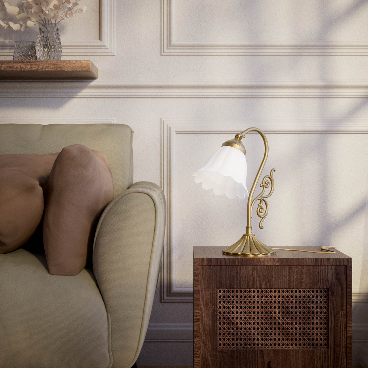 Art Deco table lamp with glossy white mushroom glass shade, sculpted brass base with undulating motifs, Italian design by Ghidini 1849 - Finish: OBS Bronze Satin Brass