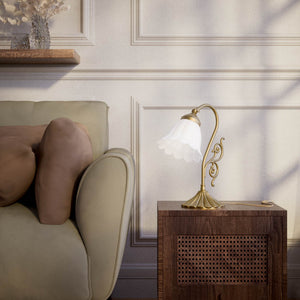 Art Deco table lamp with glossy white mushroom glass shade, sculpted brass base with undulating motifs, Italian design by Ghidini 1849 - Finish: OBS Bronze Satin Brass