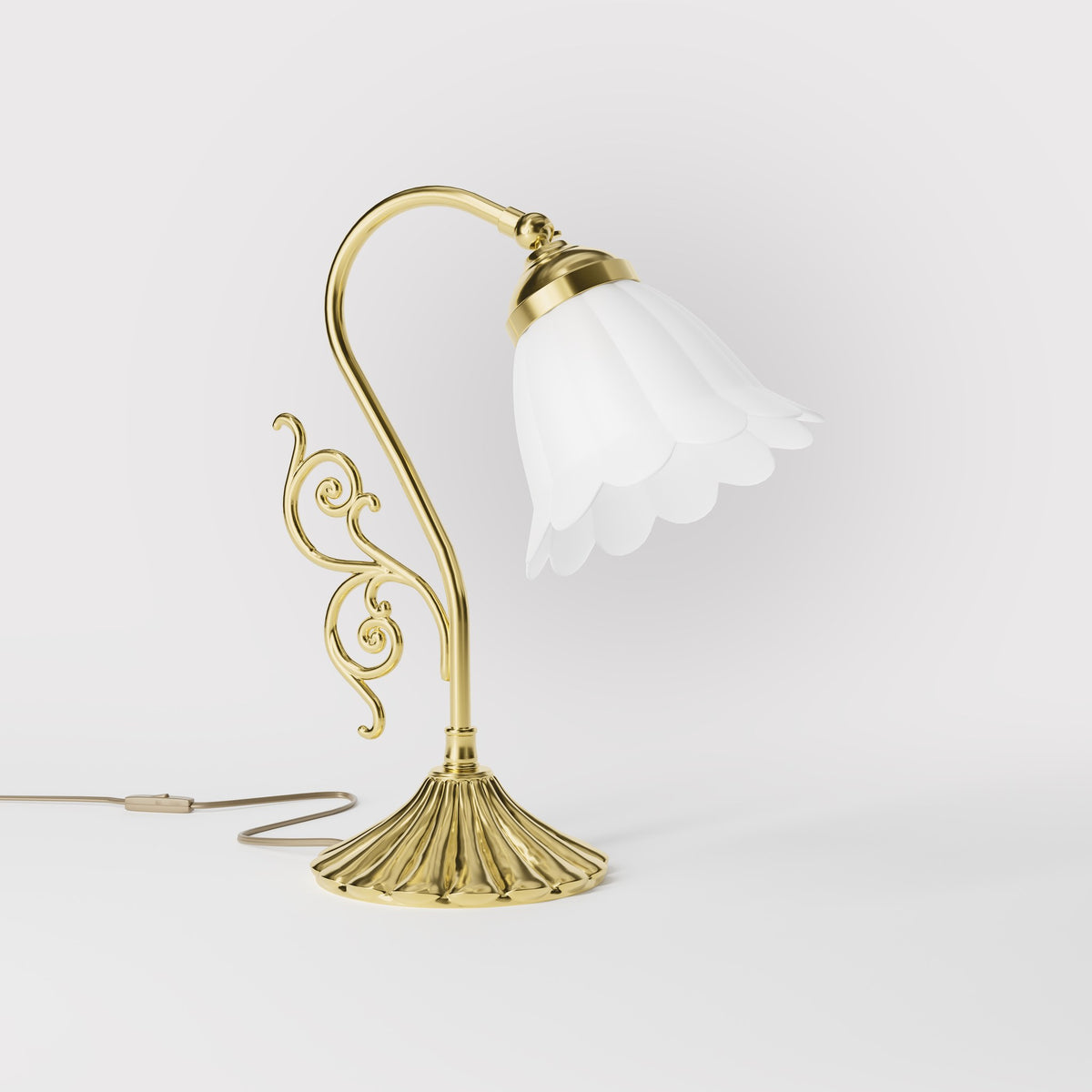 Art Deco table lamp with glossy white mushroom glass shade, sculpted brass base with undulating motifs, Italian design by Ghidini 1849 - Finish: OLV Polished Brass