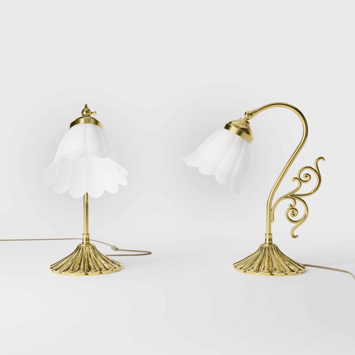 Art Deco table lamp with glossy white mushroom glass shade, sculpted brass base with undulating motifs, Italian design by Ghidini 1849 - Finish: OLV Polished Brass