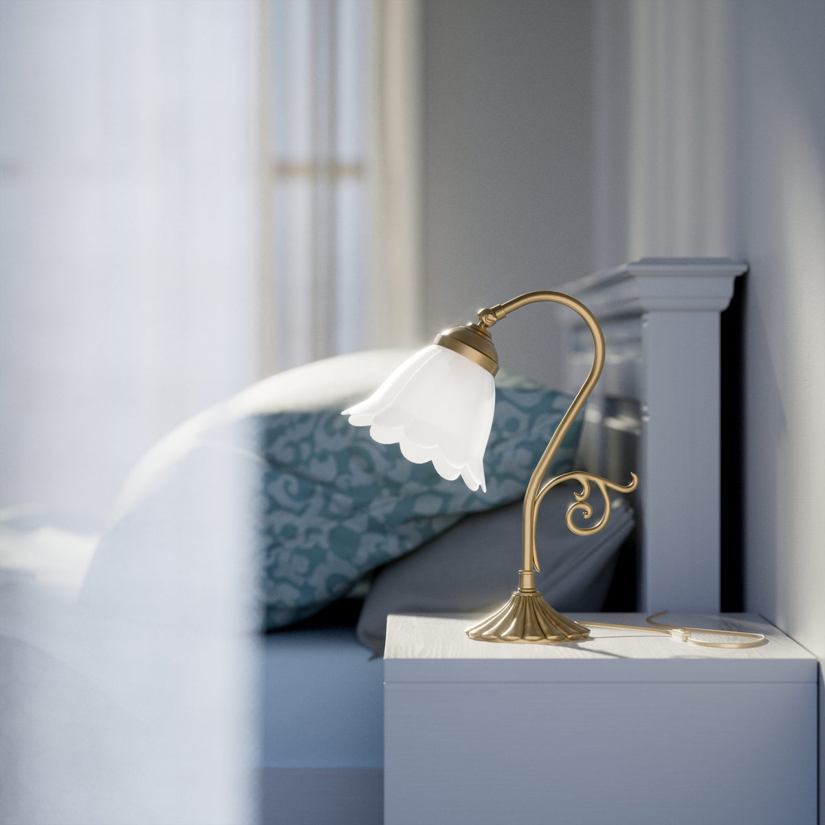 Art Nouveau table lamp with frosted glass shade, scrollwork decorated arm and fan-shaped brass base, Italian design by Ghidini 1849 - Finish: OBS Bronze Satin Brass