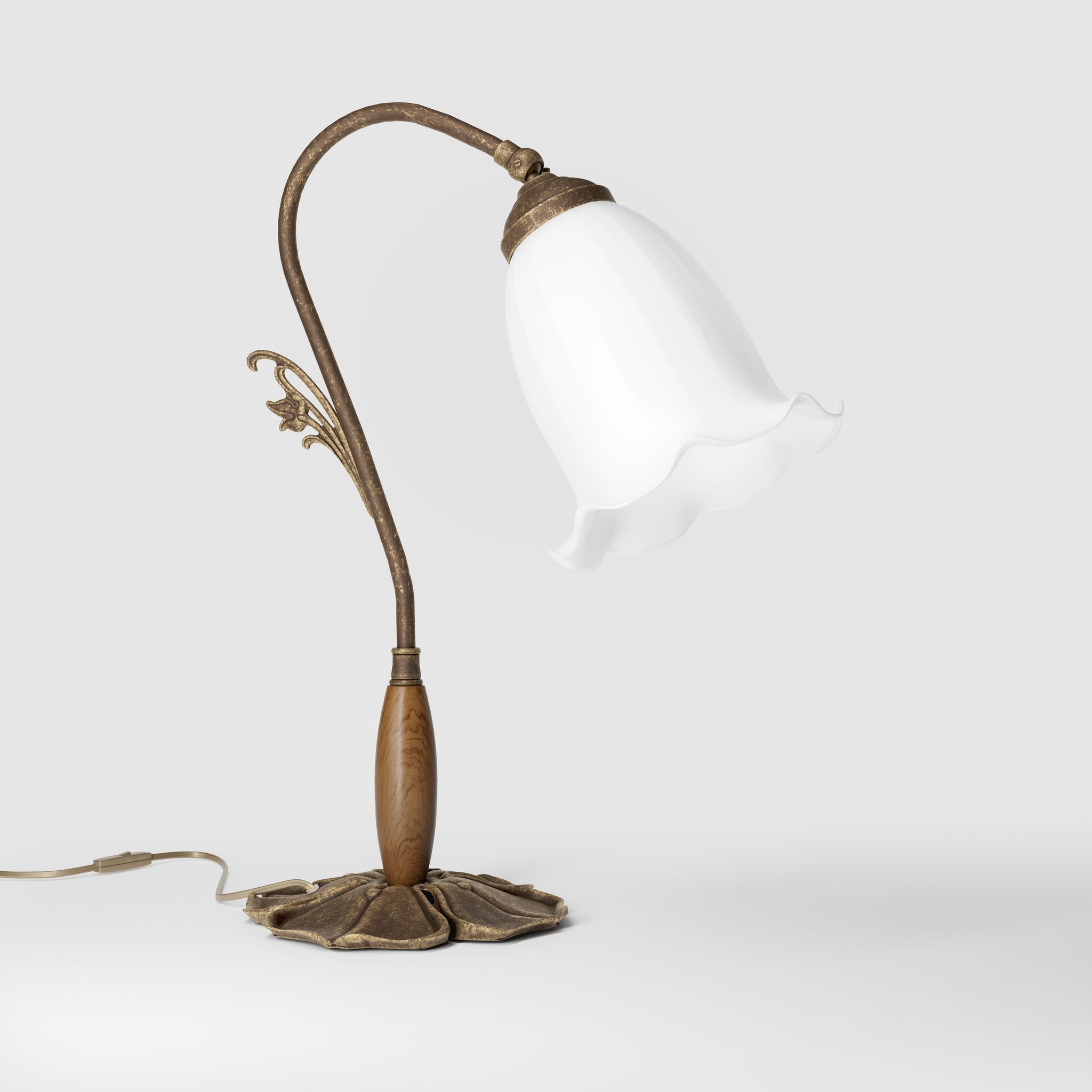 Floral brass table lamp with frosted glass shade and decorative base by Ghidini 1849 - Finish: OAS Antique Brass