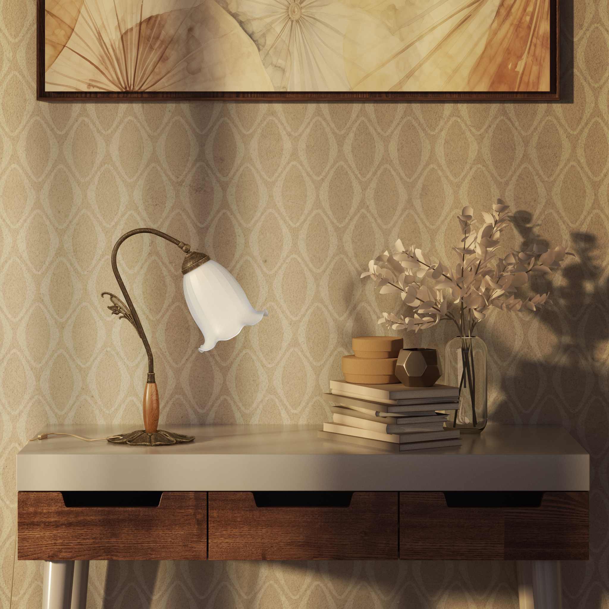 Floral brass table lamp with frosted glass shade and decorative base by Ghidini 1849 - Finish: OAS Antique Brass