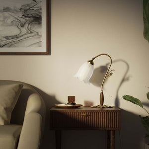 Floral brass table lamp with frosted glass shade and decorative base by Ghidini 1849 - Finish: OBS Bronze Satin Brass