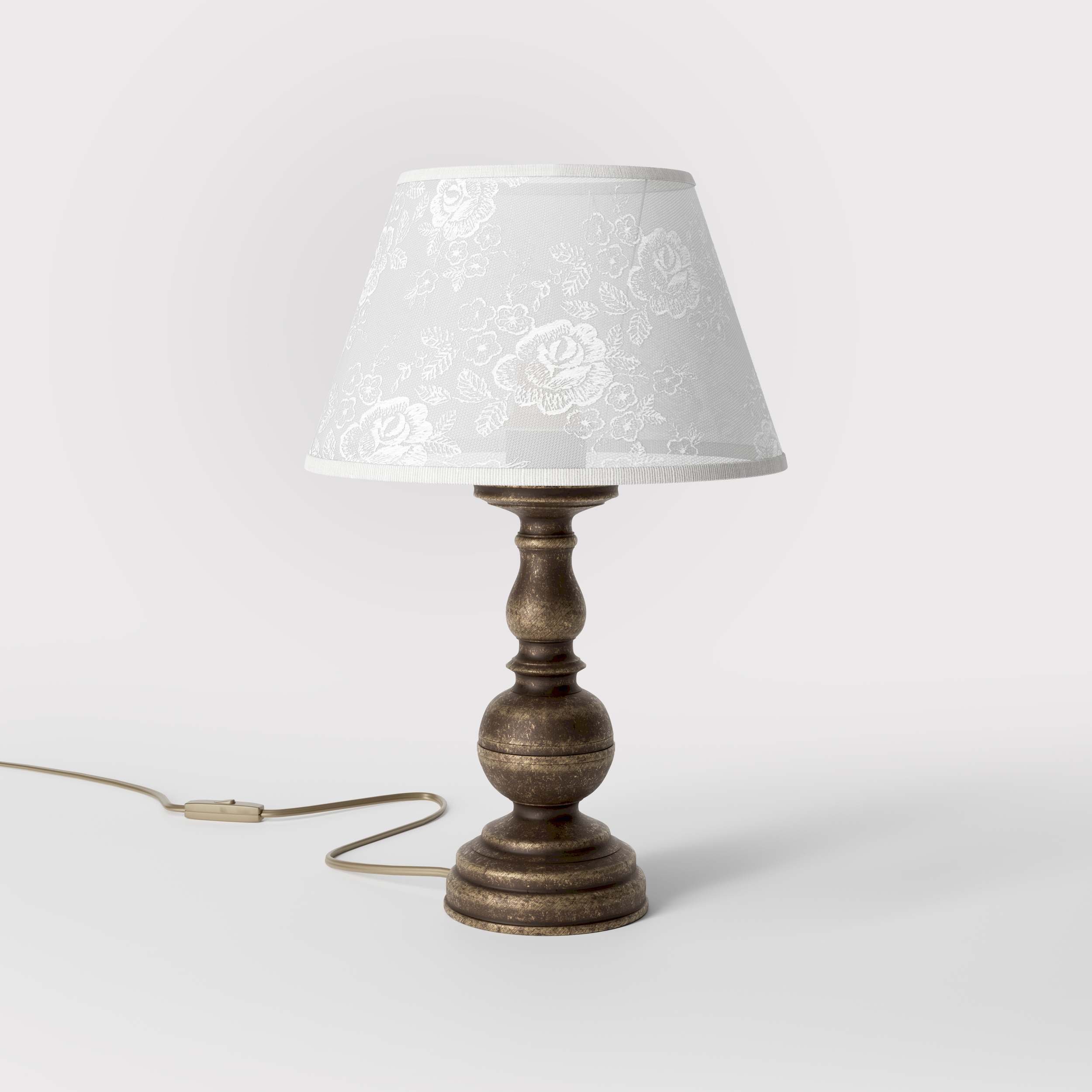 Brass table lamp with turned base and embroidered ivory fabric shade, classic design for interior lighting - Finish: OAS Antique Brass