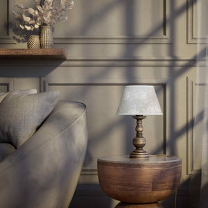 Brass table lamp with turned base and embroidered ivory fabric shade, classic design for interior lighting - Finish: OAS Antique Brass