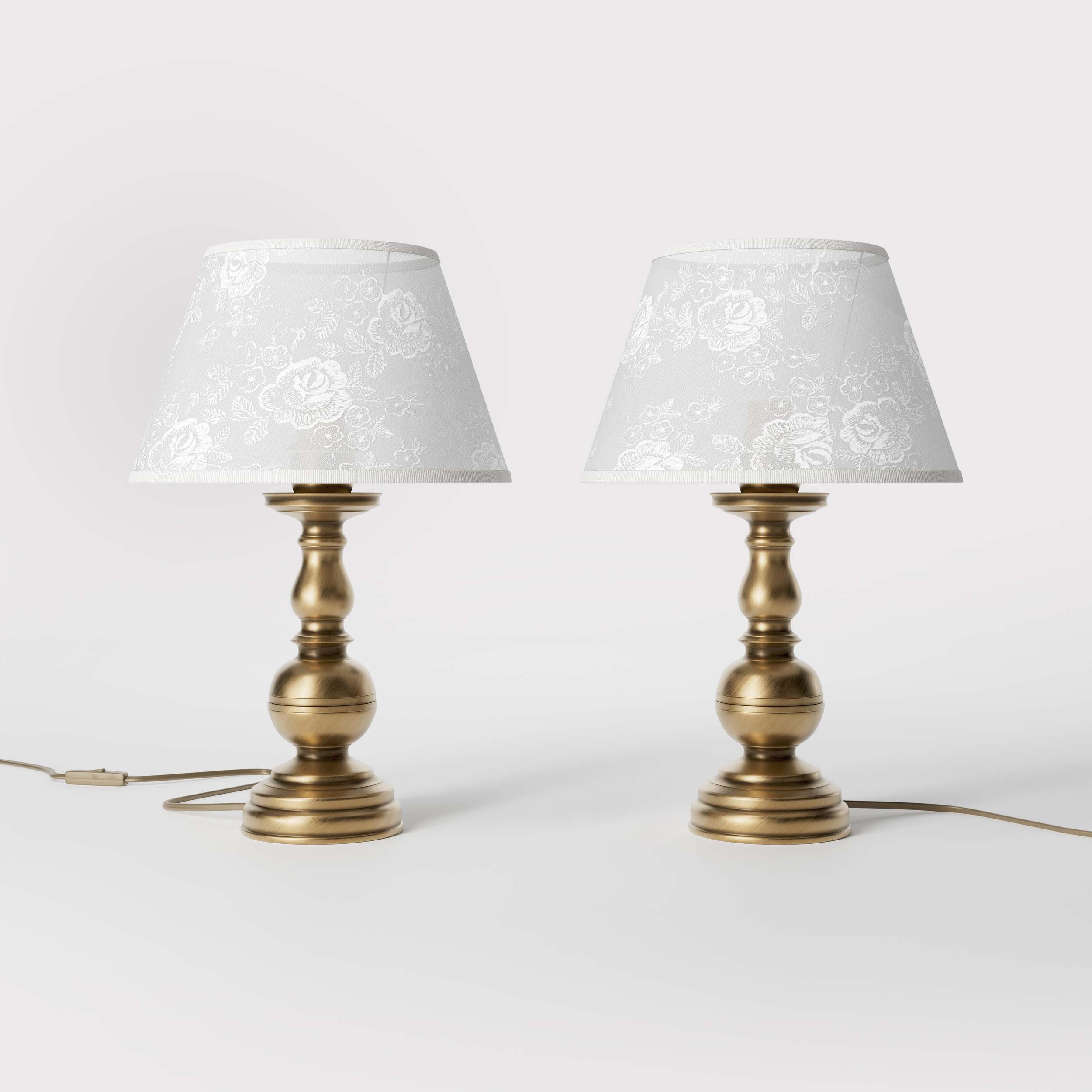 Brass table lamp with turned base and embroidered ivory fabric shade, classic design for interior lighting - Finish: OBS Bronze Satin Brass