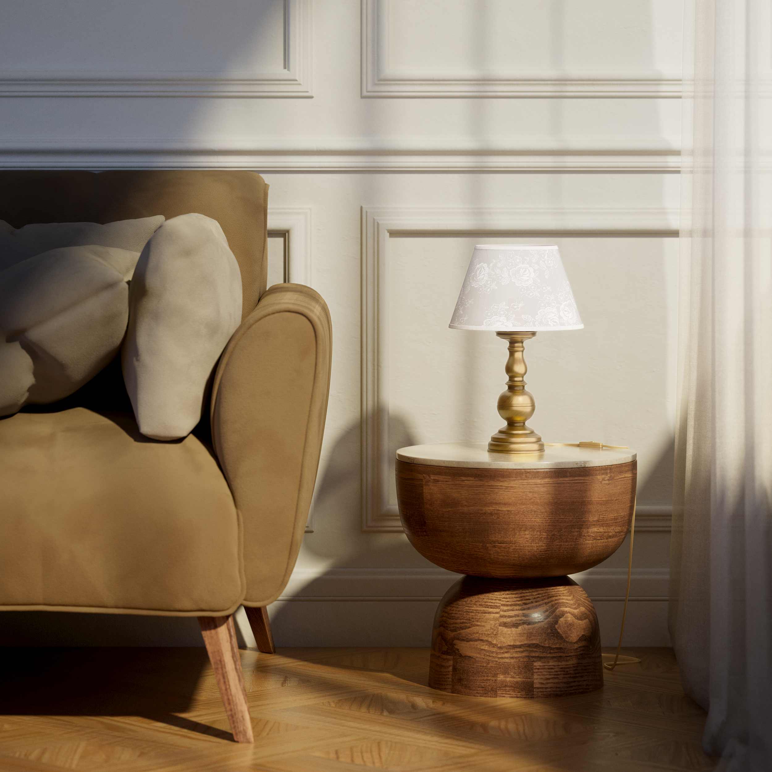 Brass table lamp with turned base and embroidered ivory fabric shade, classic design for interior lighting - Finish: OBS Bronze Satin Brass