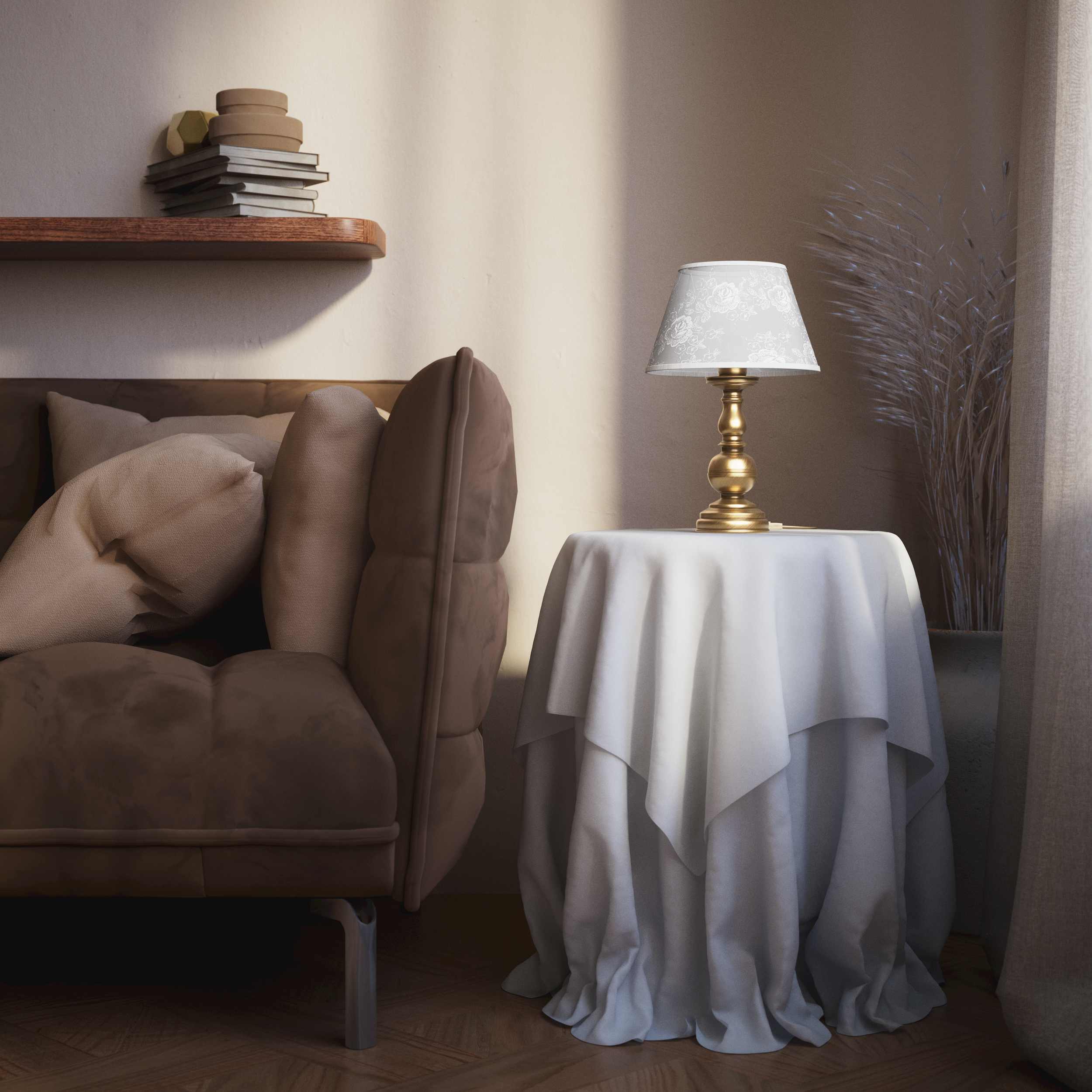 Brass table lamp with turned base and embroidered ivory fabric shade, classic design for interior lighting - Finish: OBS Bronze Satin Brass