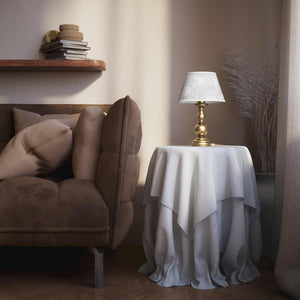 Brass table lamp with turned base and embroidered ivory fabric shade, classic design for interior lighting - Finish: OBS Bronze Satin Brass