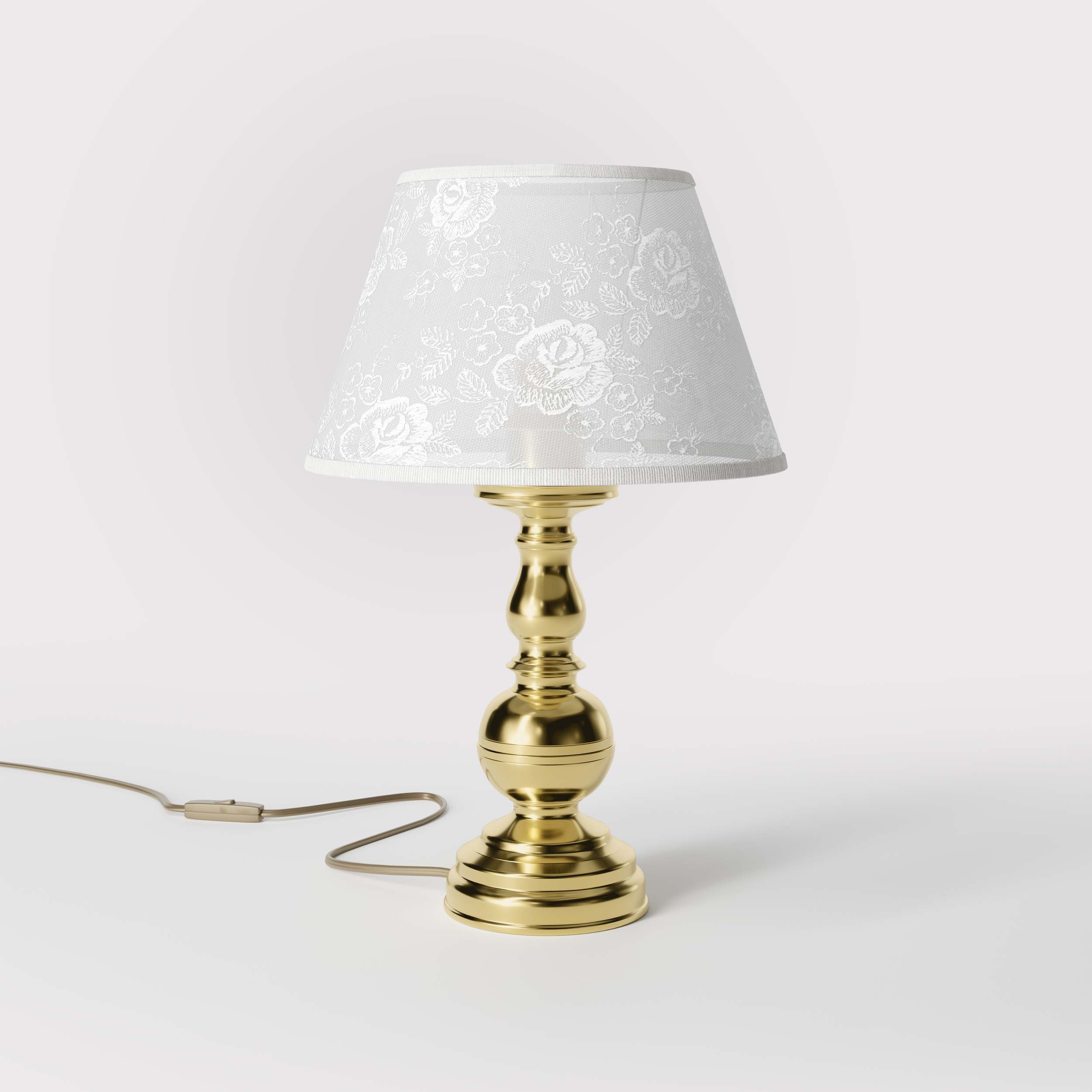 Brass table lamp with turned base and embroidered ivory fabric shade, classic design for interior lighting - Finish: OLV Polished Brass