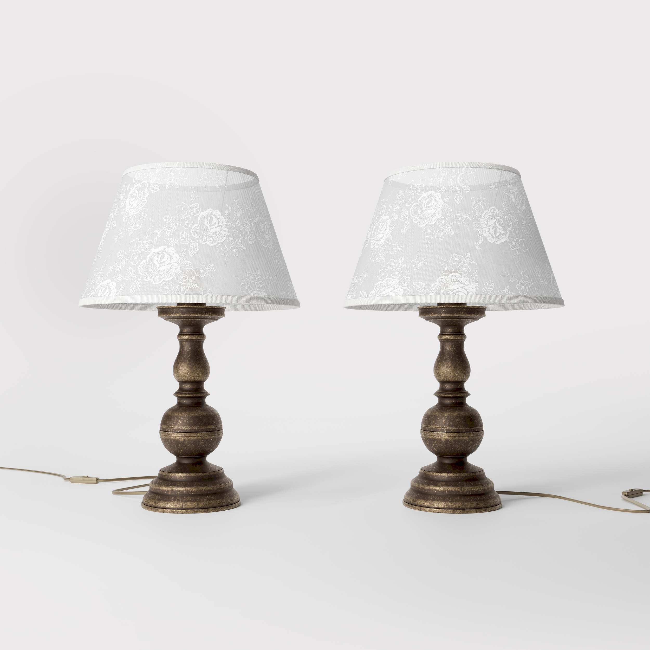 Brass table lamp with turned base and ivory fabric shade embroidered with floral motifs, classic design for interiors - Finish: OAS Antique Brass