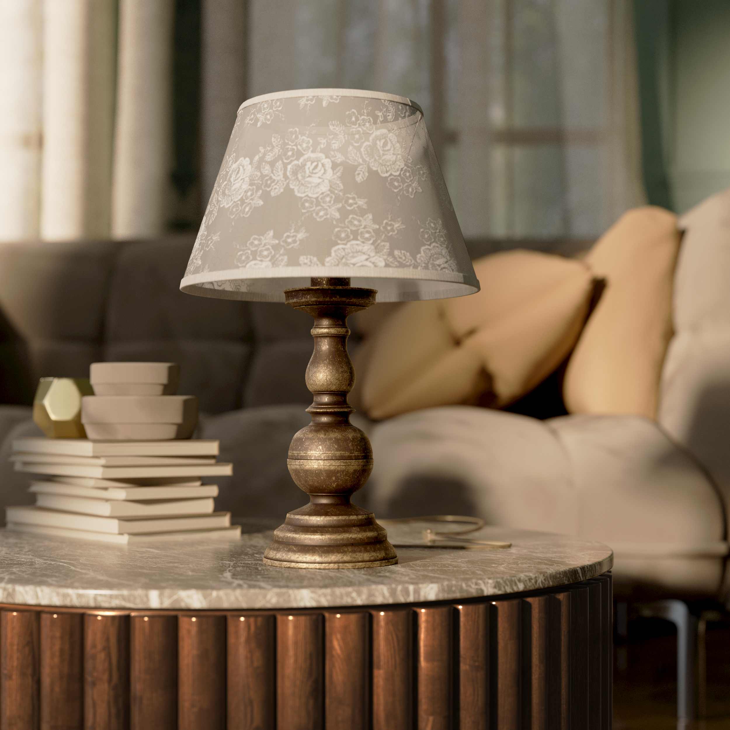 Brass table lamp with turned base and ivory fabric shade embroidered with floral motifs, classic design for interiors - Finish: OAS Antique Brass