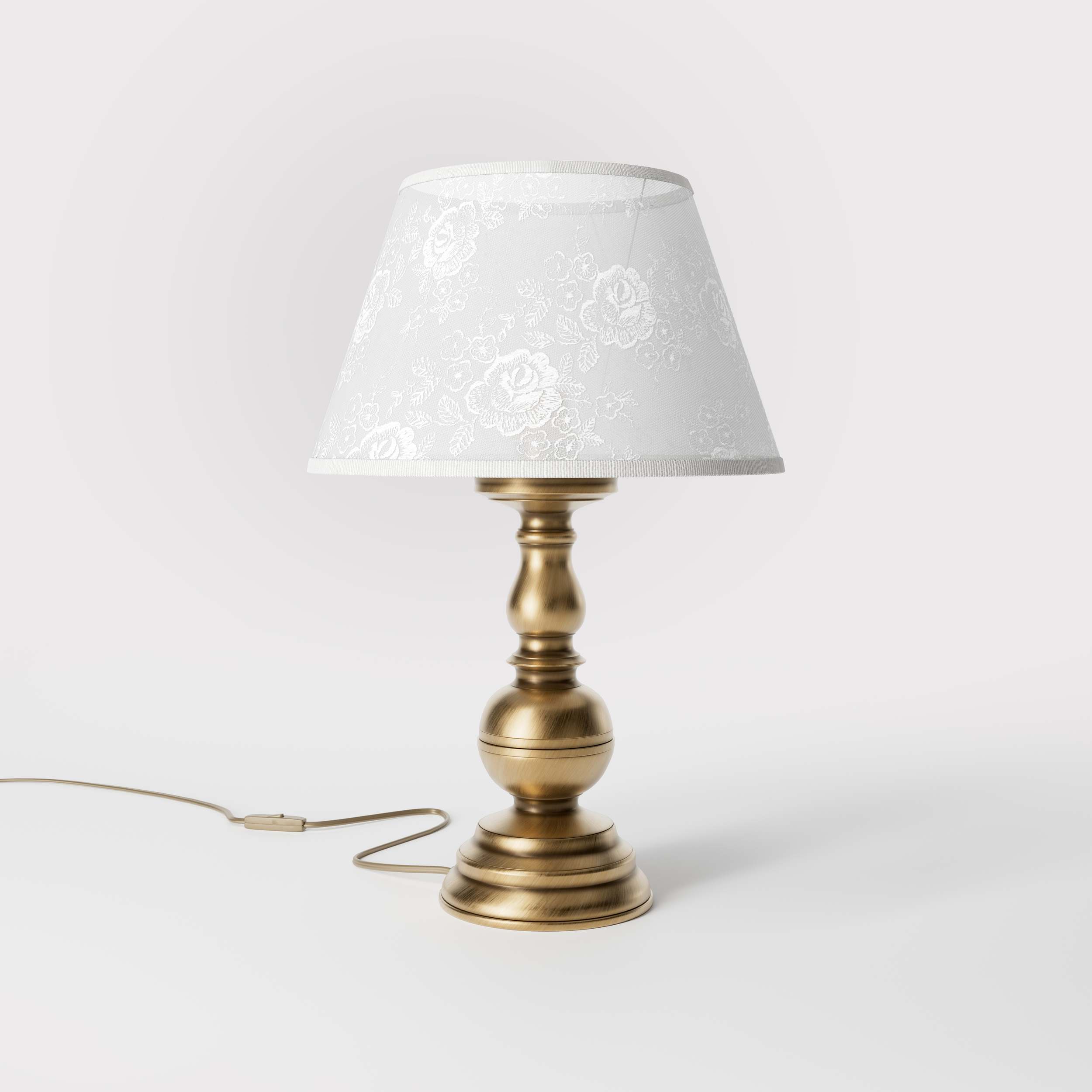Brass table lamp with turned base and ivory fabric shade embroidered with floral motifs, classic design for interiors - Finish: OBS Bronze Satin Brass