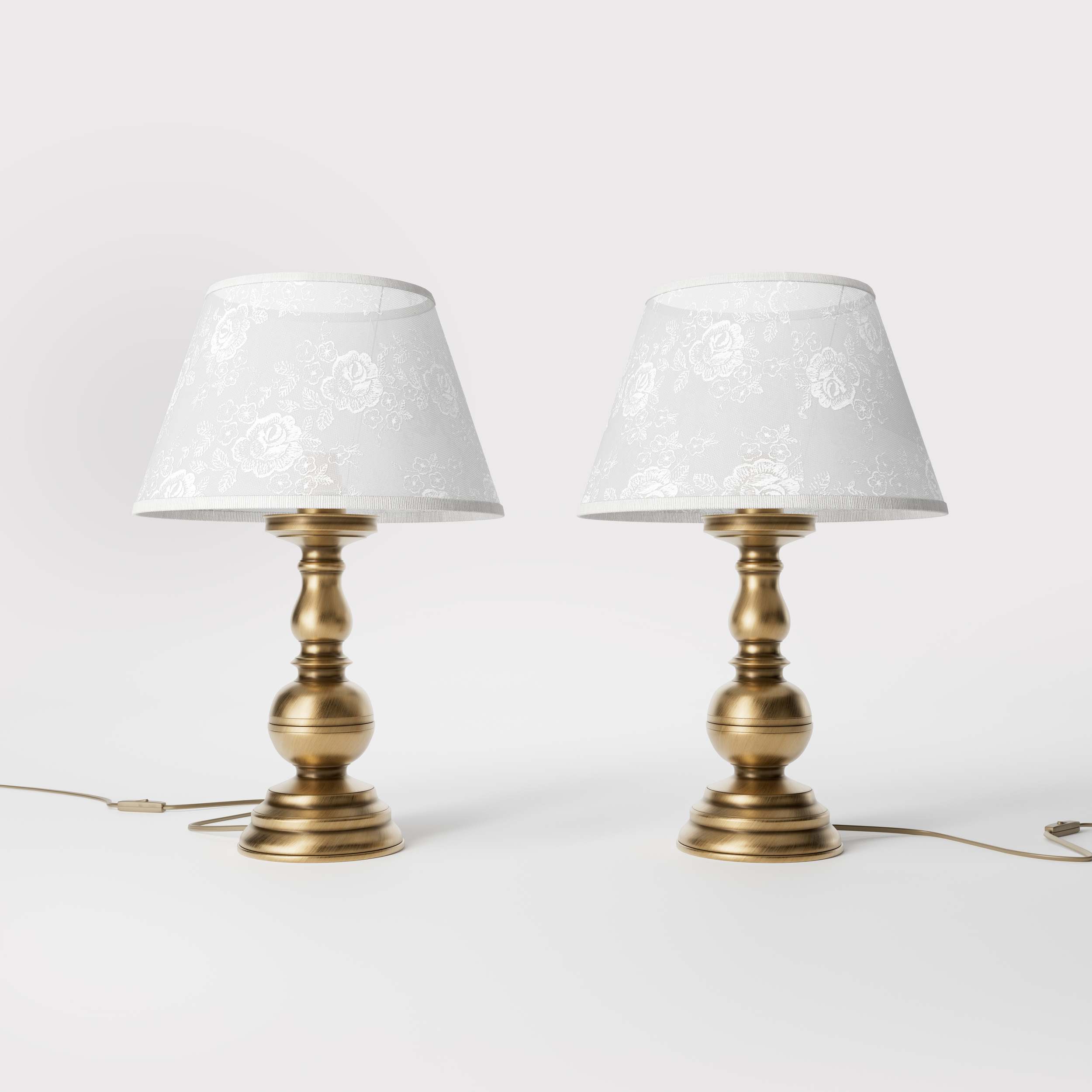 Brass table lamp with turned base and ivory fabric shade embroidered with floral motifs, classic design for interiors - Finish: OBS Bronze Satin Brass