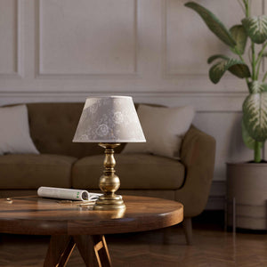 Brass table lamp with turned base and ivory fabric shade embroidered with floral motifs, classic design for interiors - Finish: OBS Bronze Satin Brass